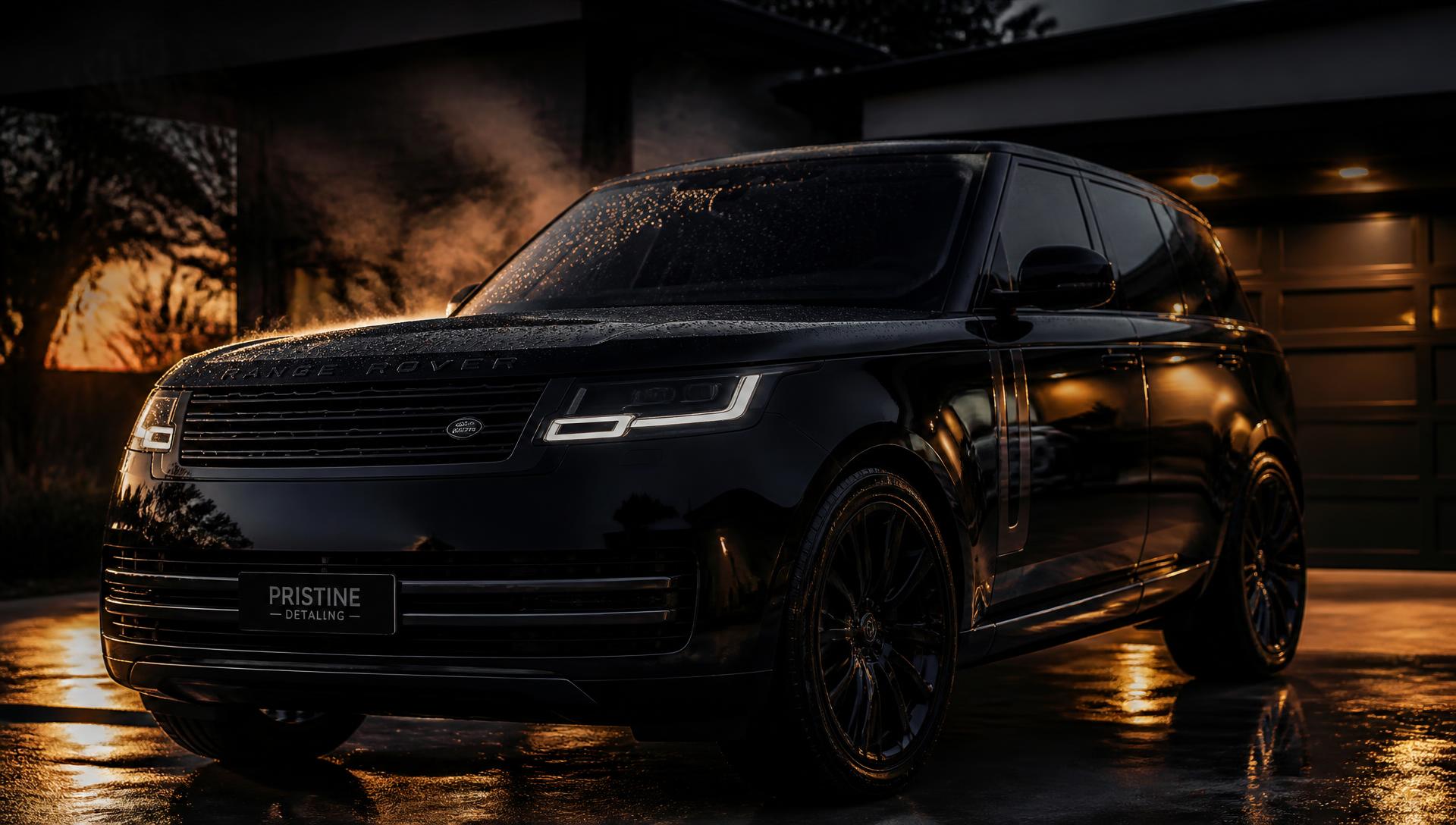 Freshly detailed black SUV with water beading on the paint